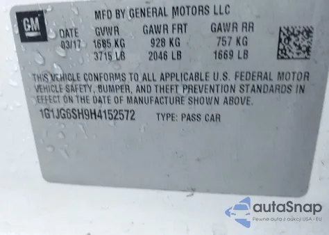 2017 Chevrolet Sonic Lt Auto from USA, damaged, VIN 1G1JG6SH9H4152572